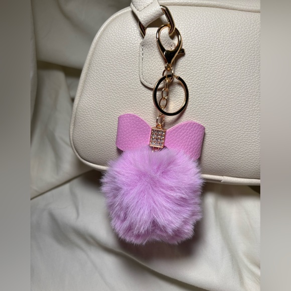Accessories - Lavender Fluffy Rhinestone Bow Pom Pom Keychain Bag Charm